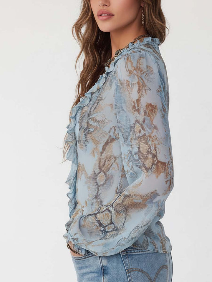 Blusa de Chifón con Cremallera Delantera Fruncida en Estampado Azul Sereno