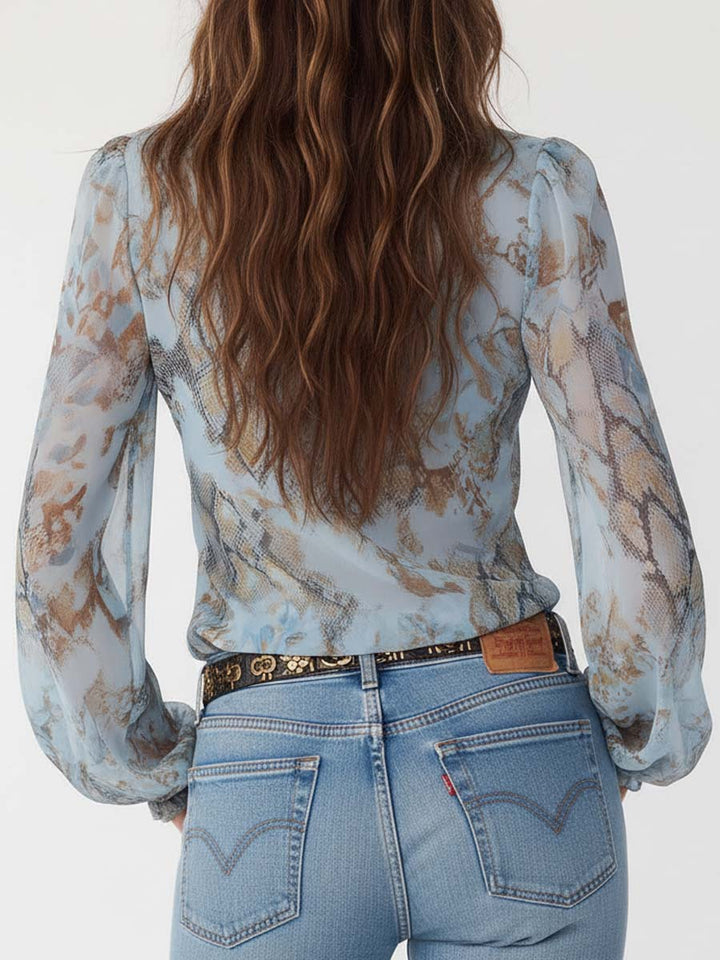 Blusa de Chifón con Cremallera Delantera Fruncida en Estampado Azul Sereno