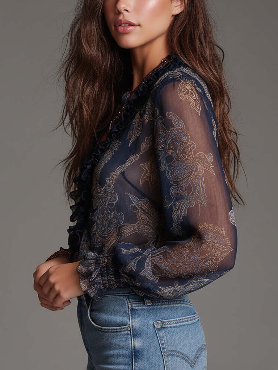 Blusa de Chiffon con Volantes y Estampado Barroco Paisley en Azul Marino