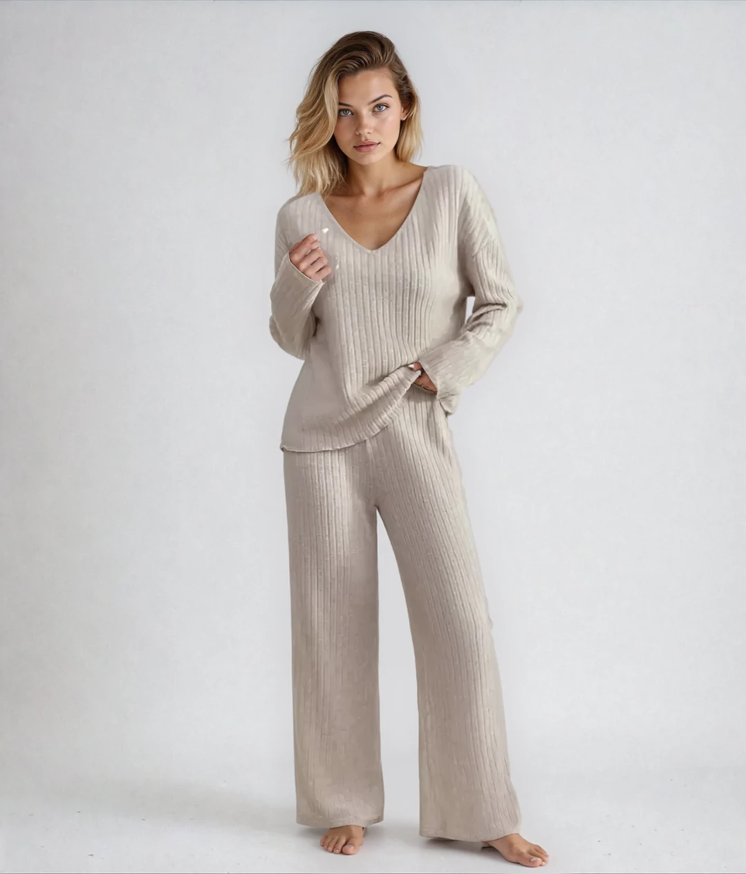 Zavelli | Conjunto completo de dos piezas con pantalones y top con escote en V