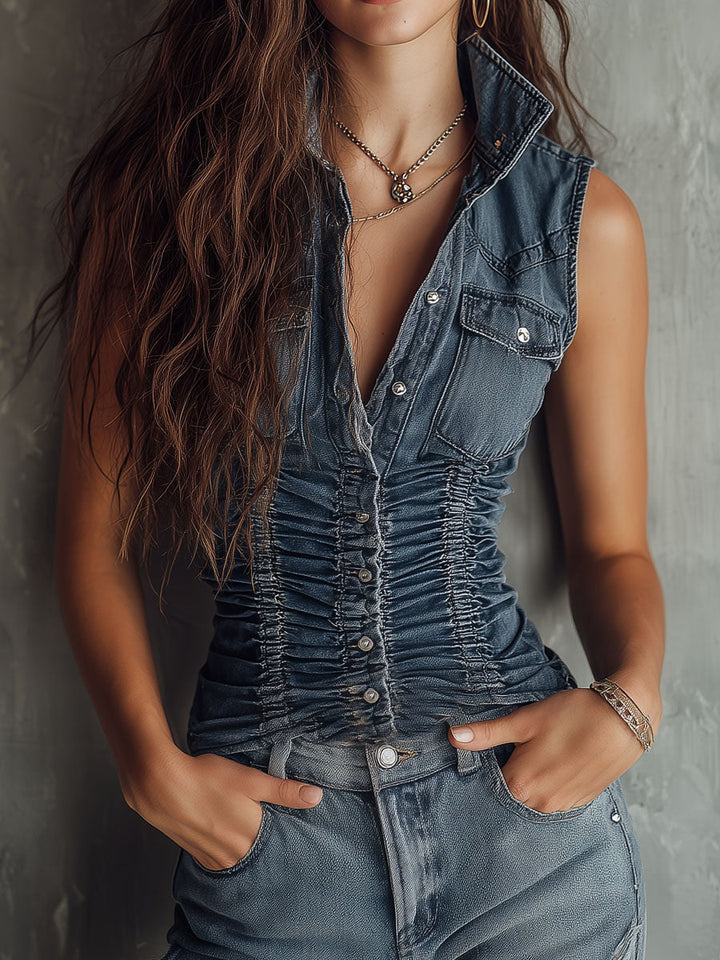 Camisa Sin Mangas de Denim Arrugado Azul Retro