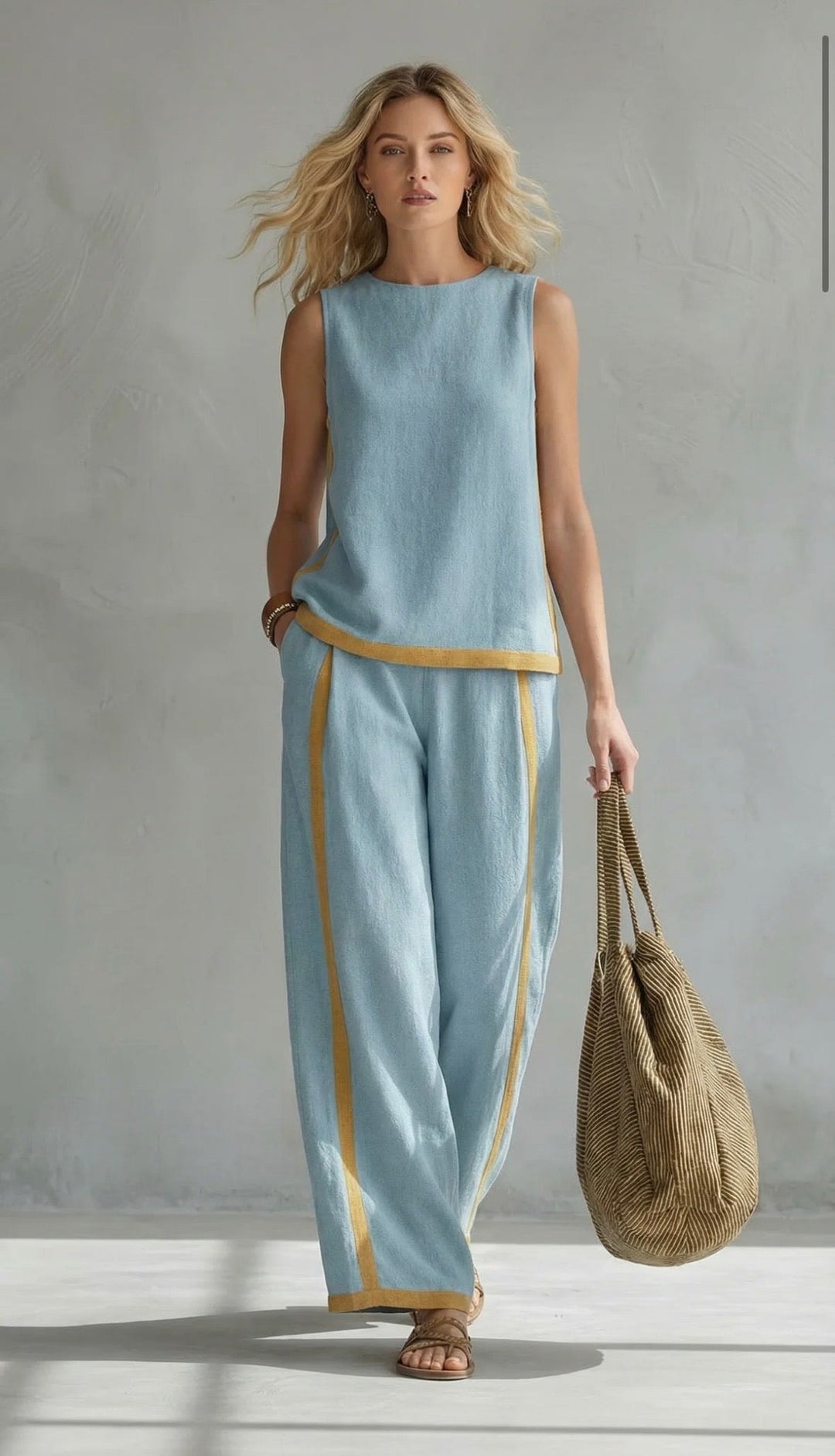 Leila - Conjunto elegante y casual de chaleco y pantalones de algodón y lino gris con bordes en dos tonalidades.