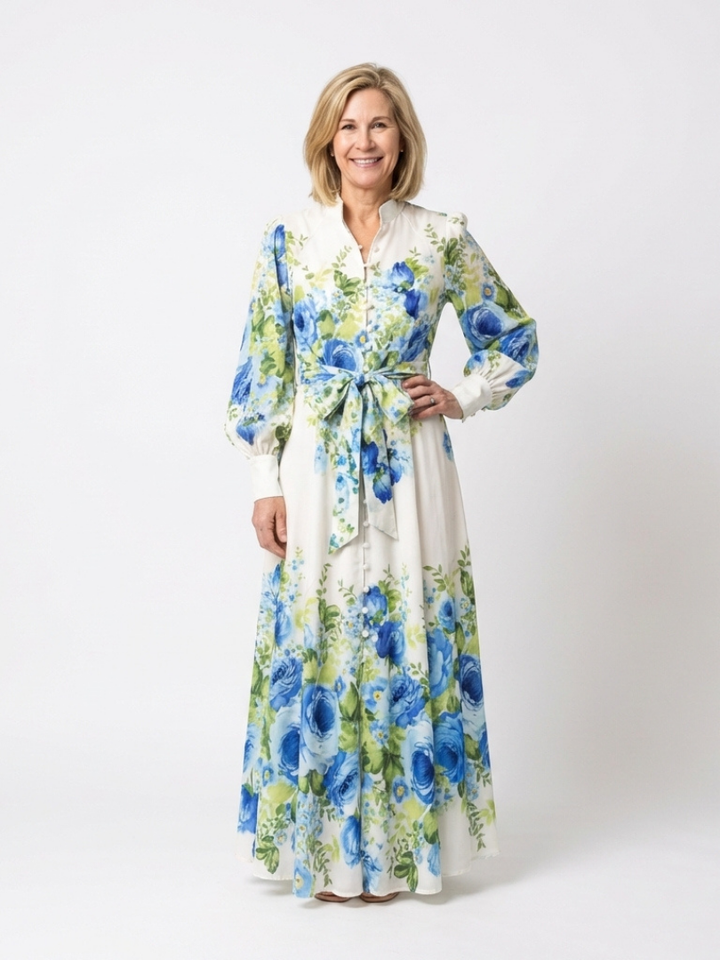 Harper | Vestido Maxi Floral de Manga Larga con Botones en la Parte Frontal