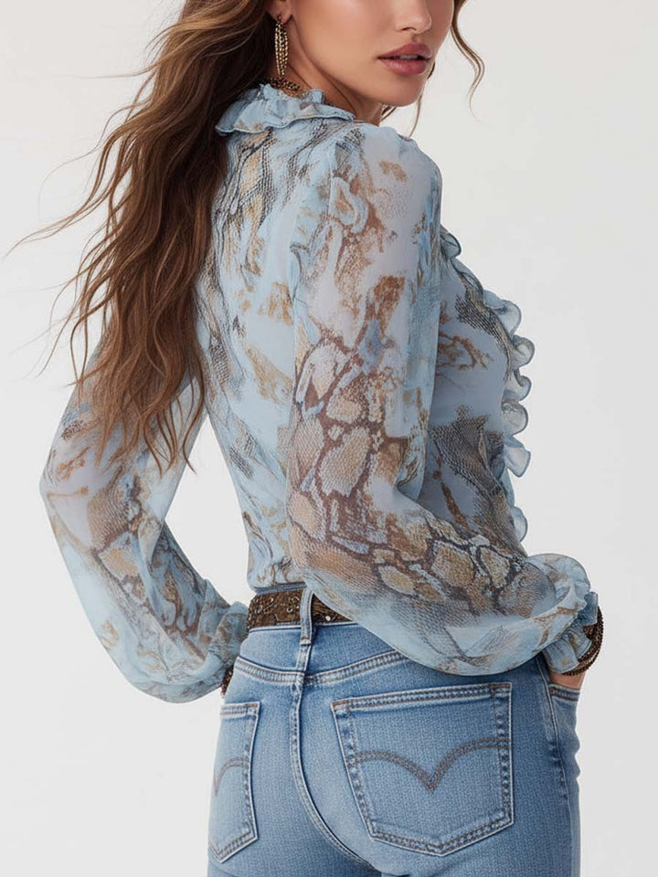 Blusa de Chifón con Cremallera Delantera Fruncida en Estampado Azul Sereno