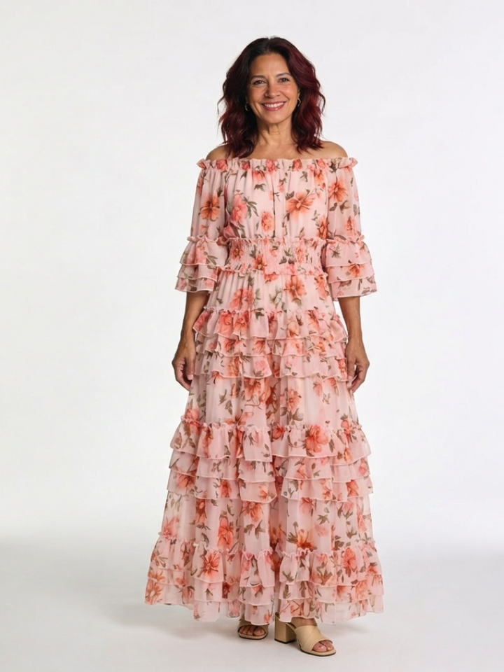 Rosalie | Vestido Maxi de Volantes Florales con Hombros Descubiertos