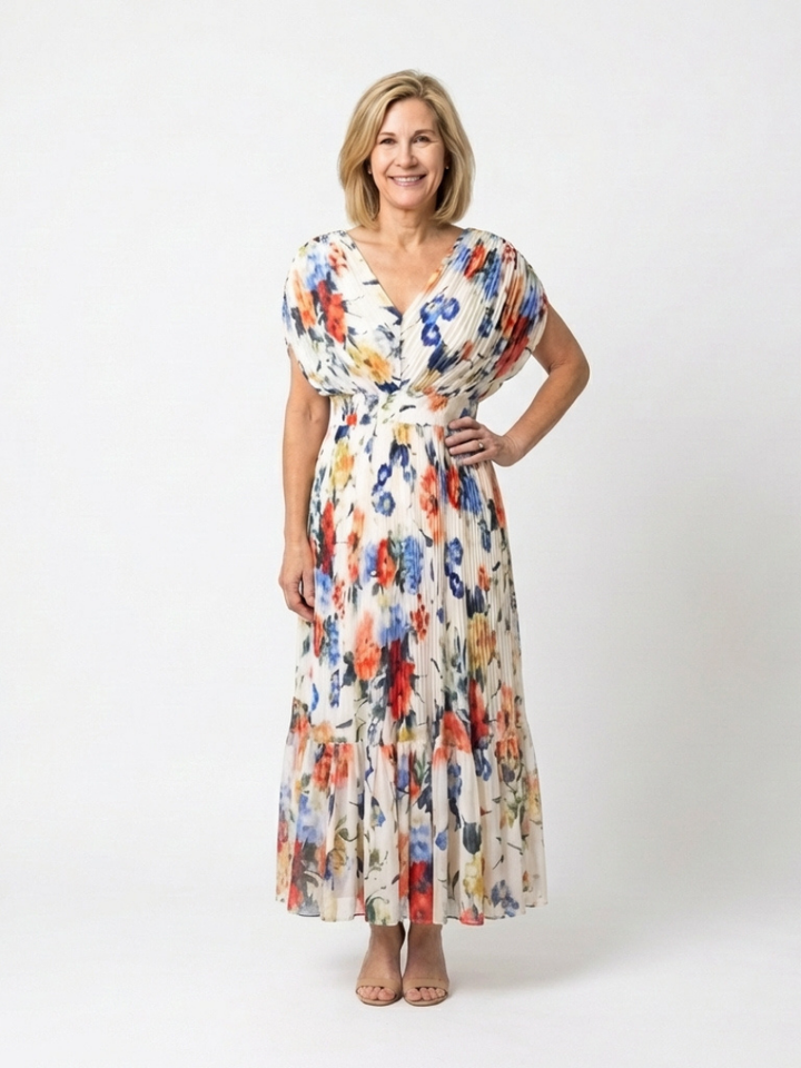 Savannah | Vestido midi floral con mangas cortas y plisado