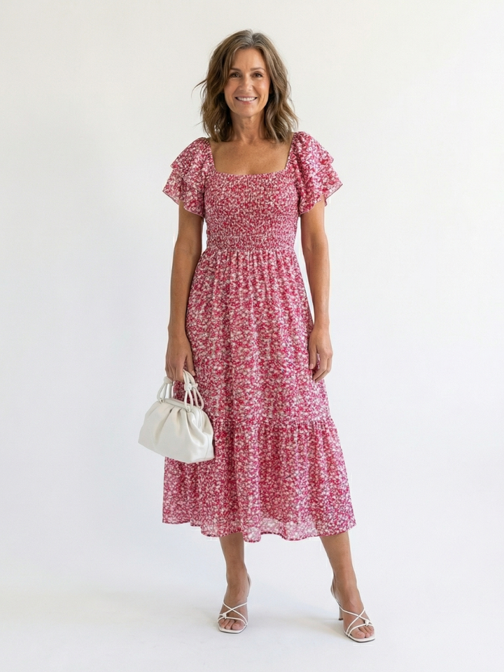 Odette | Vestido Midi Floral con Hombros Descubiertos