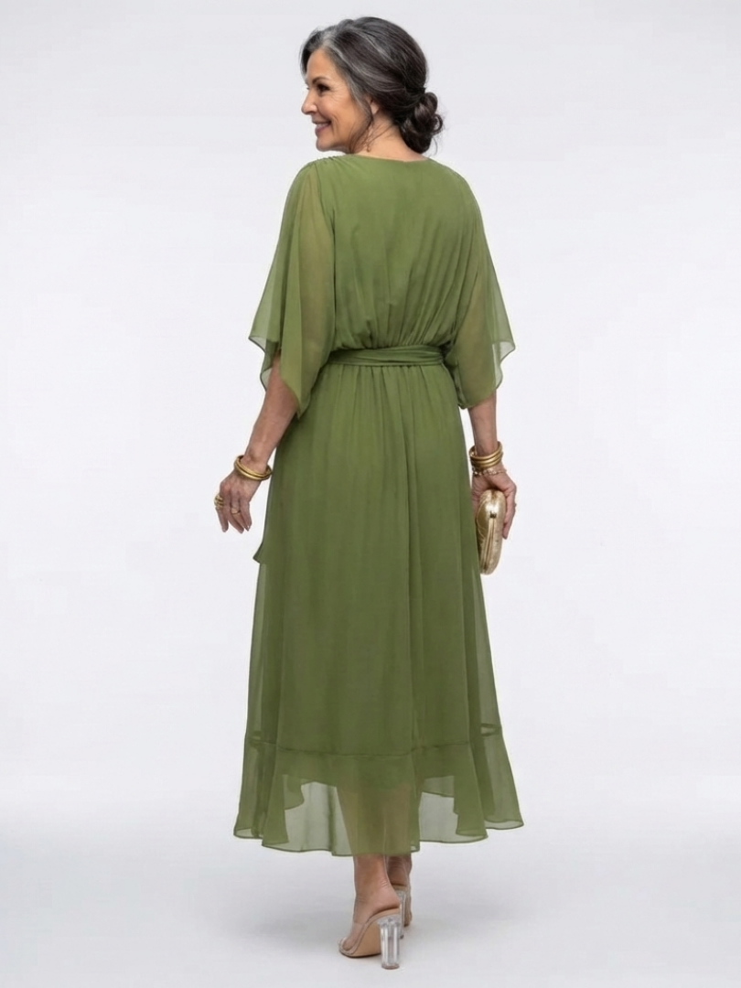 Elysia | Vestido Midi con Escote en V y Cintura Drapada