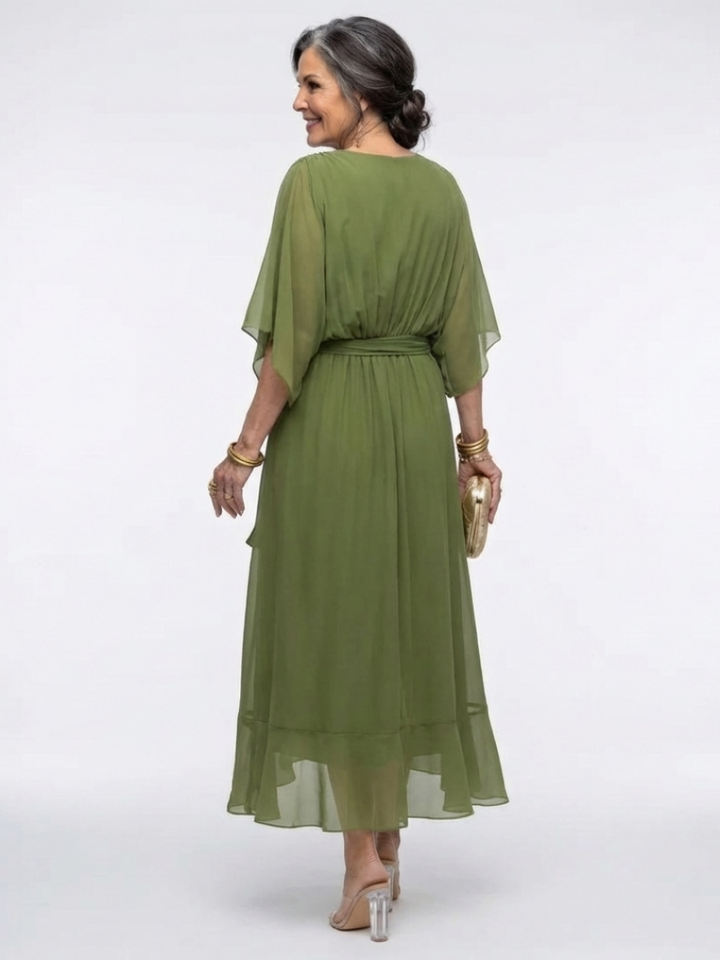 Elysia | Vestido Midi con Escote en V y Cintura Drapada