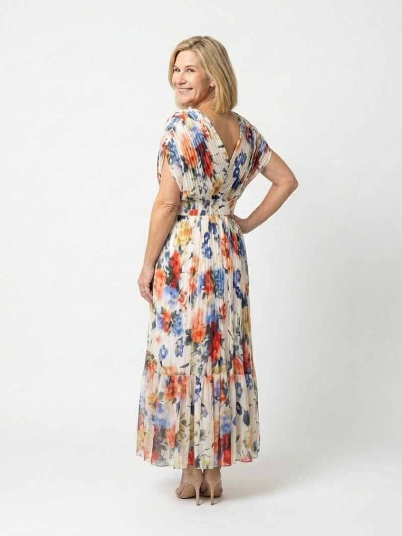 Savannah | Vestido midi floral con mangas cortas y plisado