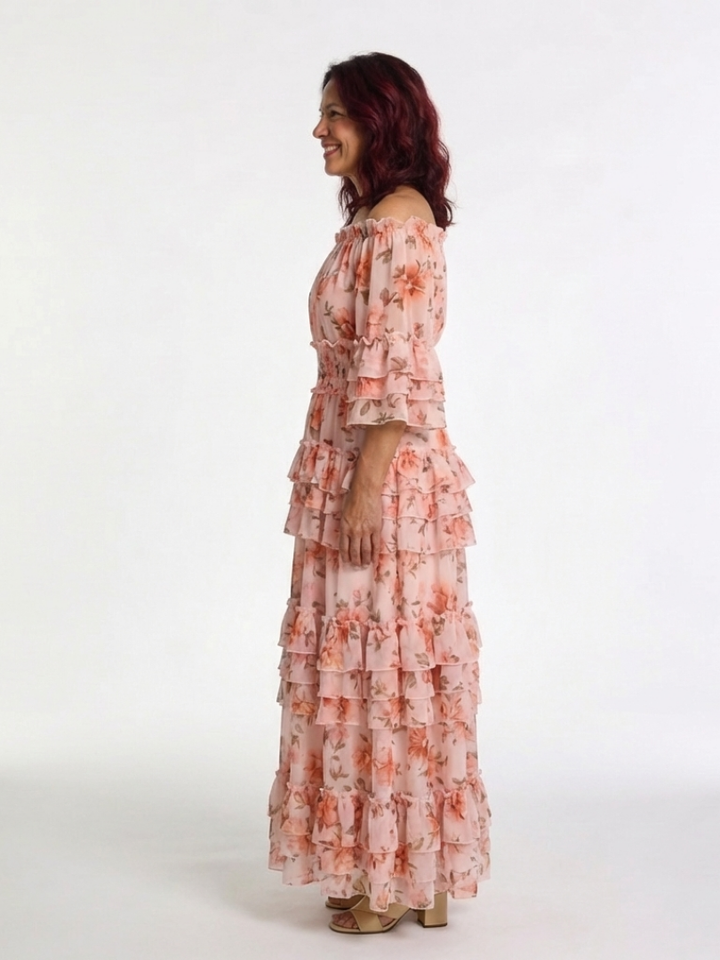Rosalie | Vestido Maxi de Volantes Florales con Hombros Descubiertos