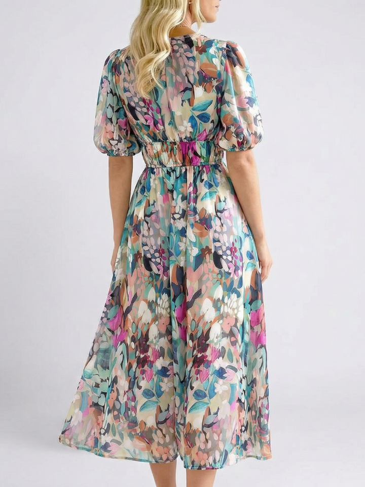 Eulalie | Vestido Midi de Manga Corta con Escote en V y Cintura Fruncida