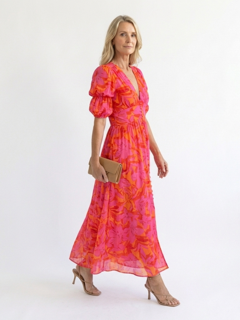 Sauce | Vestido Midi de Manga Abullonada con Escote en V Floral
