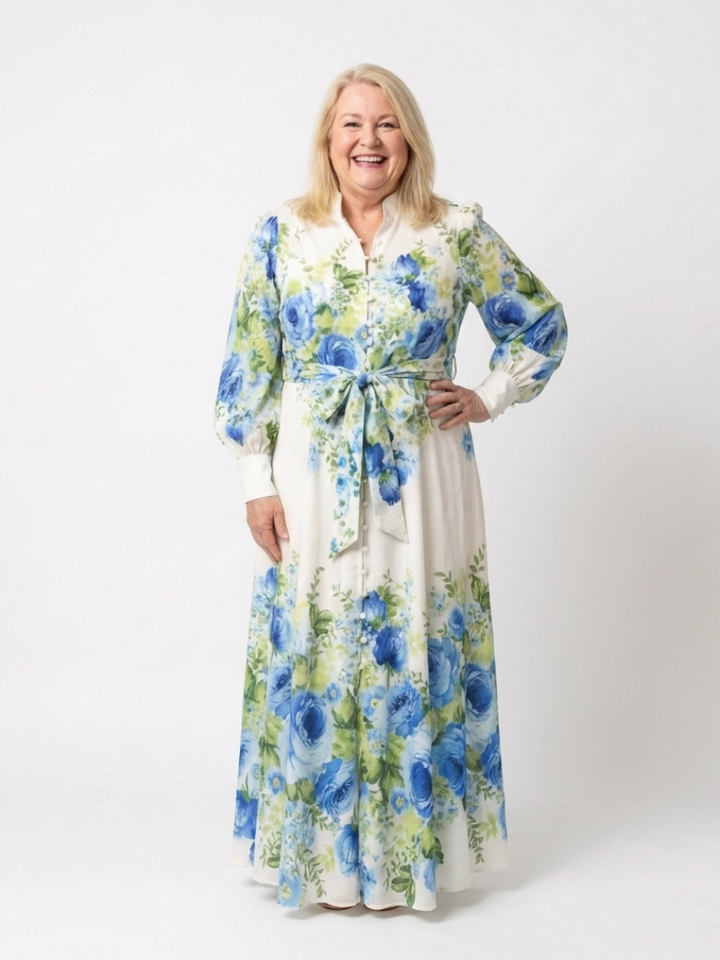 Harper | Vestido Maxi Floral de Manga Larga con Botones en la Parte Frontal