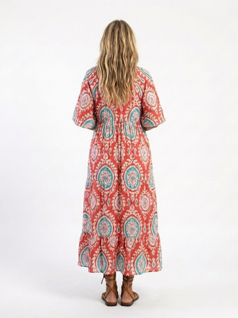 Zaria | Vestido midi de manga corta con escote en V y estampado paisley