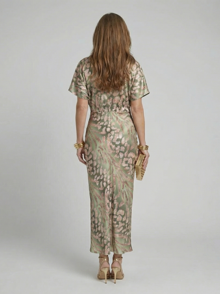 Coralie | Vestido Midi con Estampado Abstracto y Escote en V con Cintura Torcida