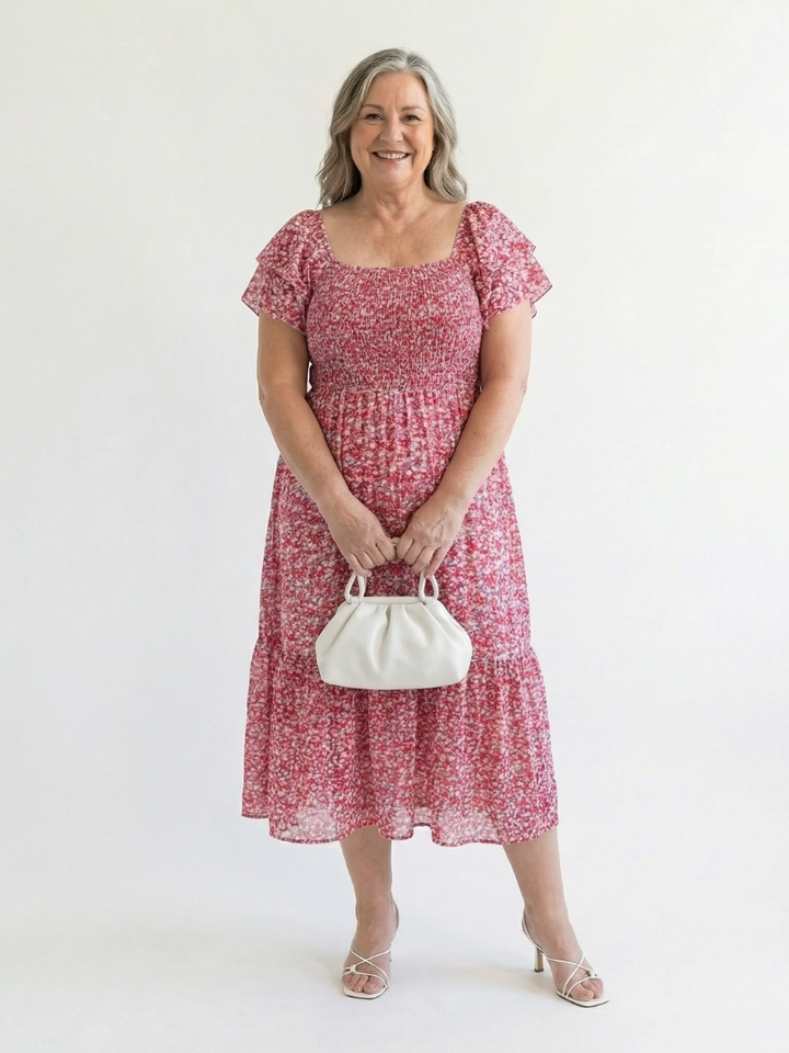 Odette | Vestido Midi Floral con Hombros Descubiertos