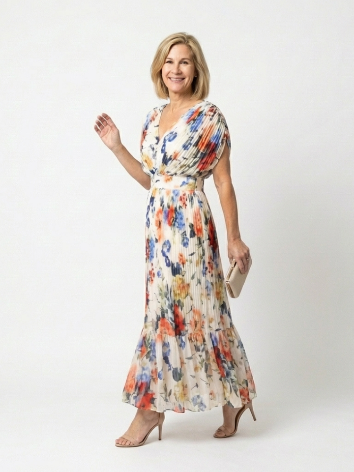 Savannah | Vestido midi floral con mangas cortas y plisado
