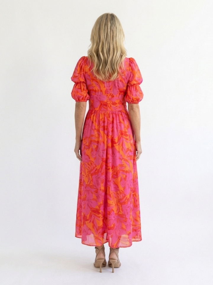 Sauce | Vestido Midi de Manga Abullonada con Escote en V Floral