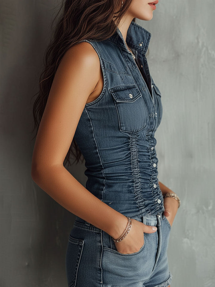 Camisa Sin Mangas de Denim Arrugado Azul Retro