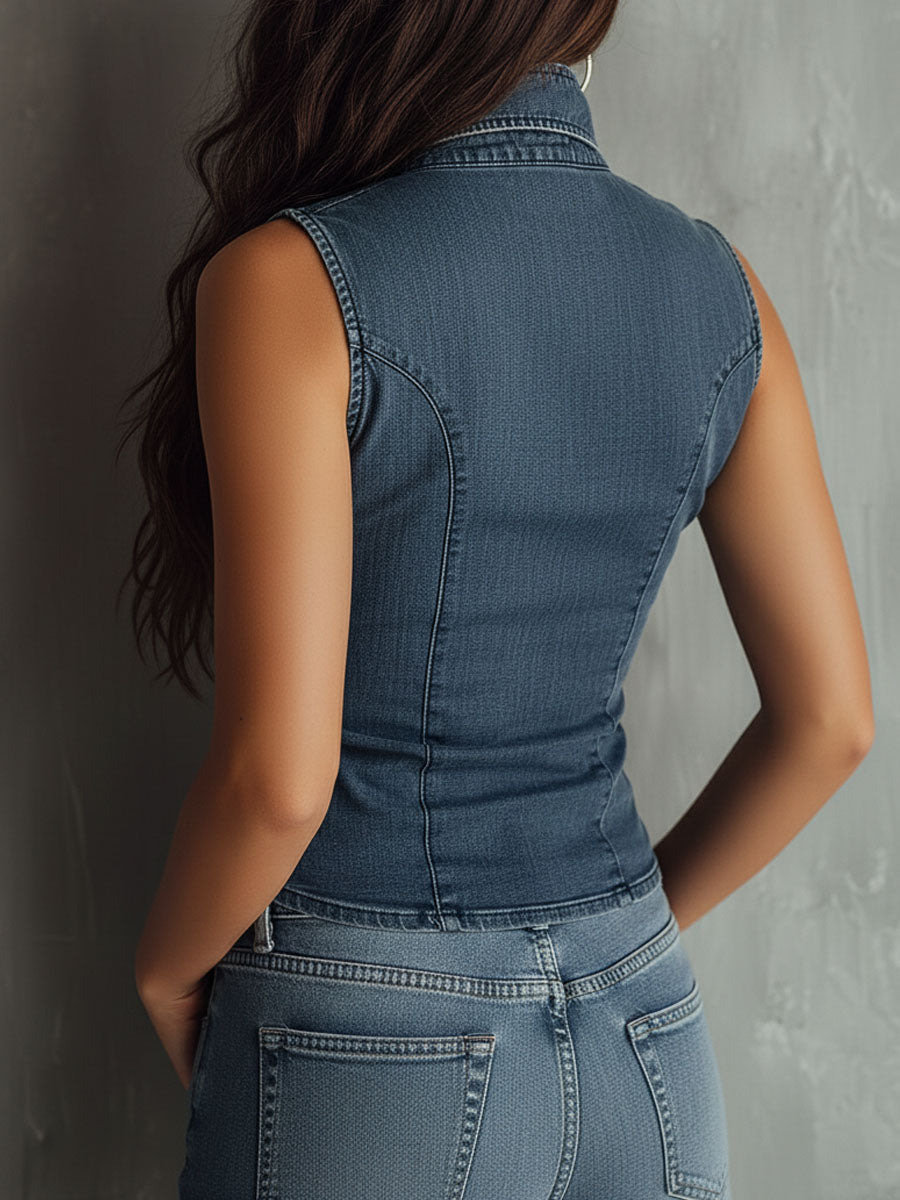 Camisa Sin Mangas de Denim Arrugado Azul Retro