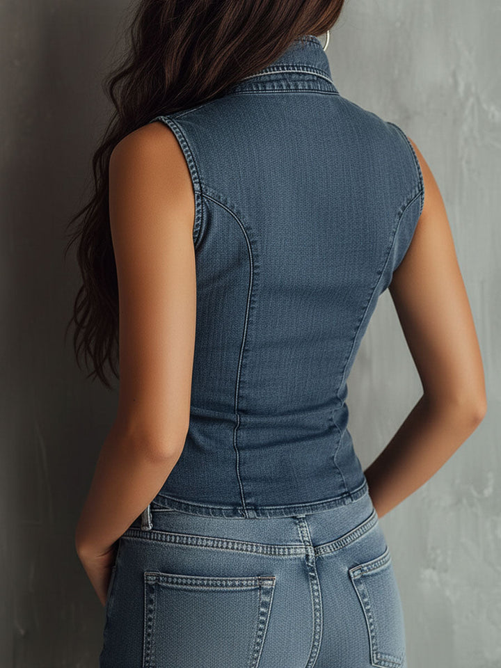Camisa Sin Mangas de Denim Arrugado Azul Retro
