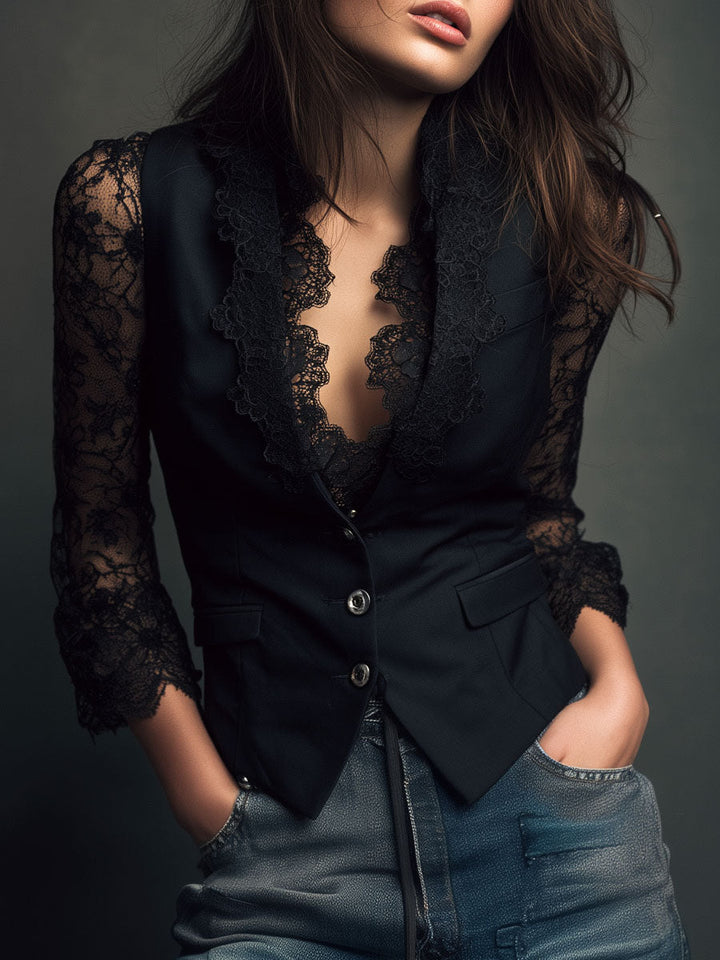 Elegante Blazer con Mangas de Panel de Encaje Negro