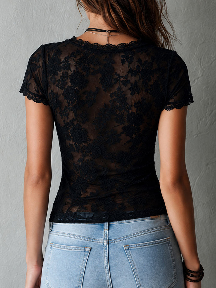 Blusa de Encaje Negro Boho Chic con Mangas Cortas