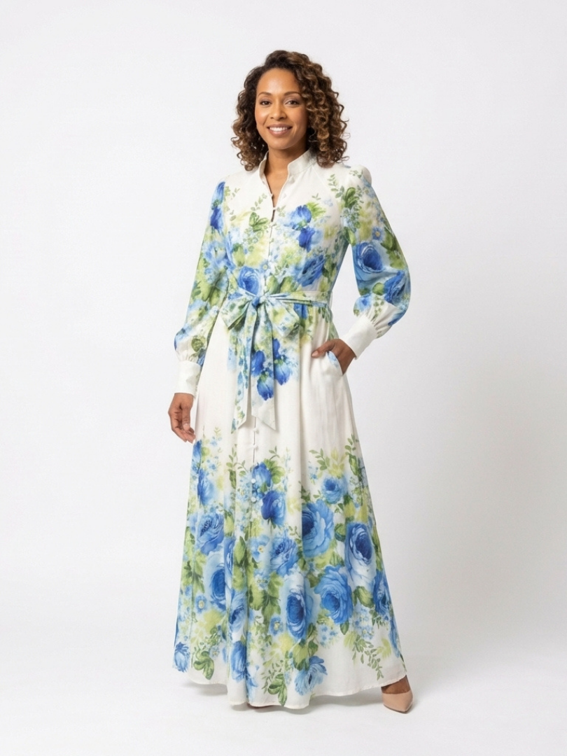 Harper | Vestido Maxi Floral de Manga Larga con Botones en la Parte Frontal