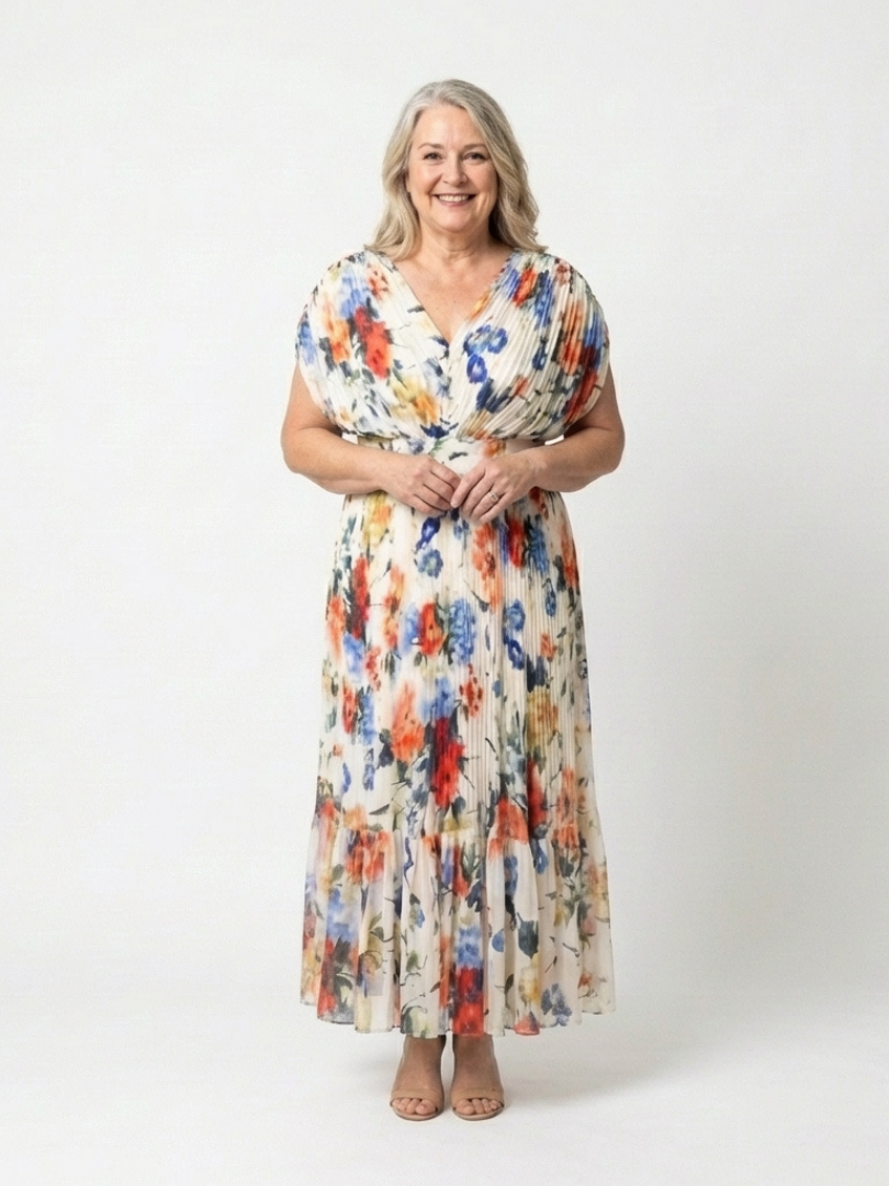 Savannah | Vestido midi floral con mangas cortas y plisado