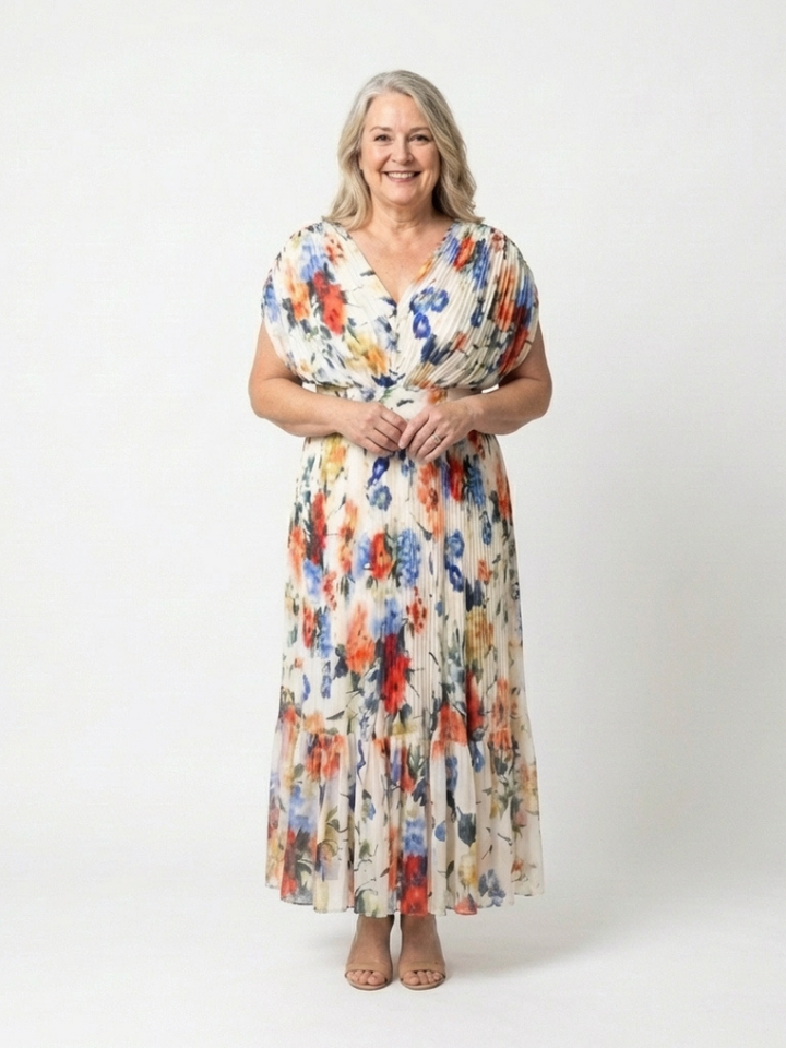 Savannah | Vestido midi floral con mangas cortas y plisado