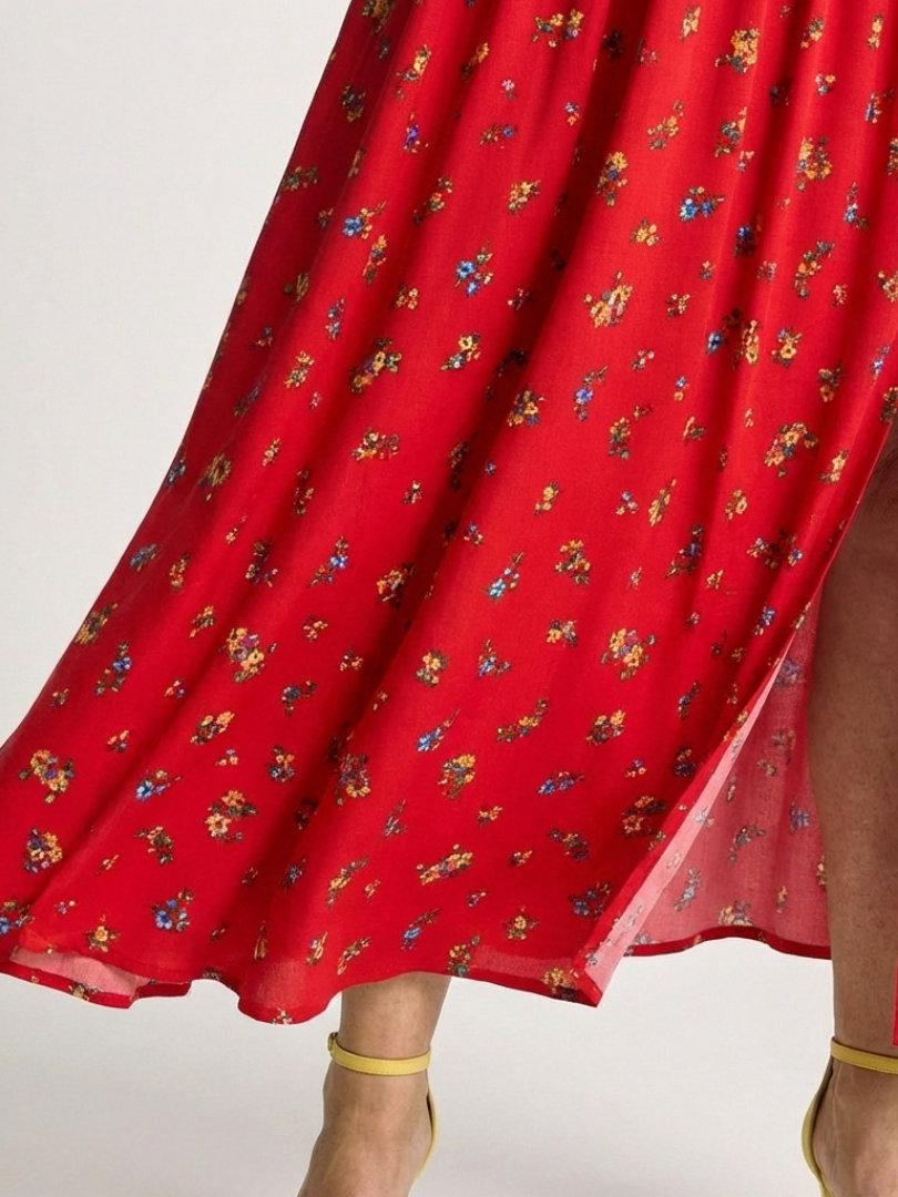 Delphine | Vestido Midi de Manga Abullonada con Cuello Cuadrado y Floral