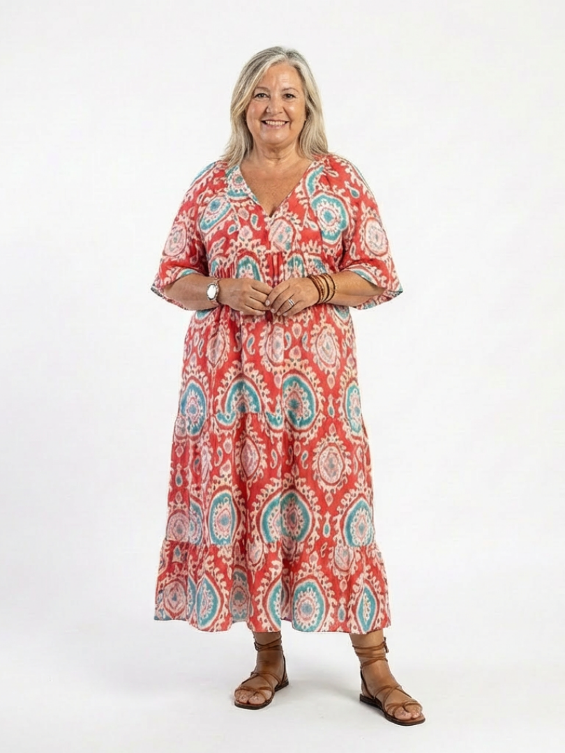 Zaria | Vestido midi de manga corta con escote en V y estampado paisley