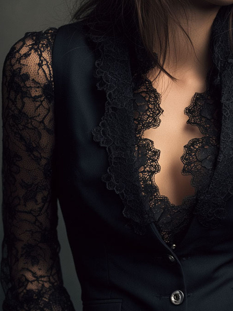 Elegante Blazer con Mangas de Panel de Encaje Negro
