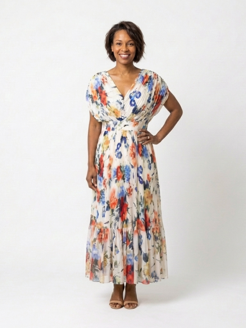 Savannah | Vestido midi floral con mangas cortas y plisado