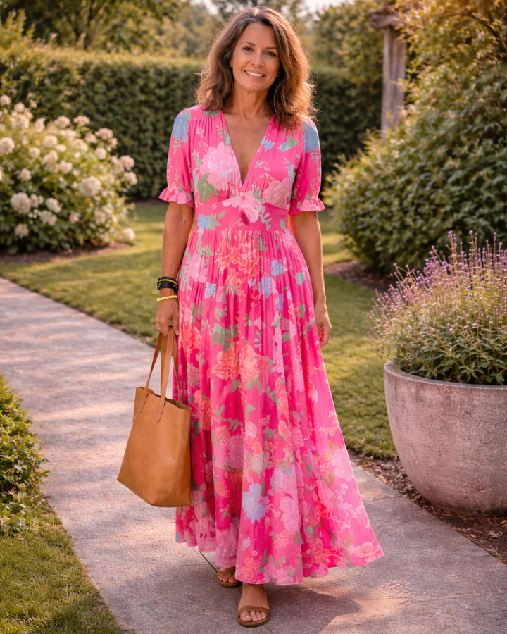 Ione | Vestido midi floral de manga corta y escote en V