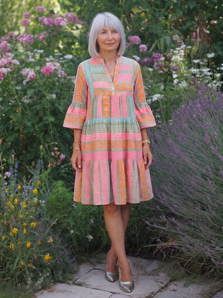 Maelle | Vestido de Longitud a la Rodilla con Estampado Geométrico y Escote en V