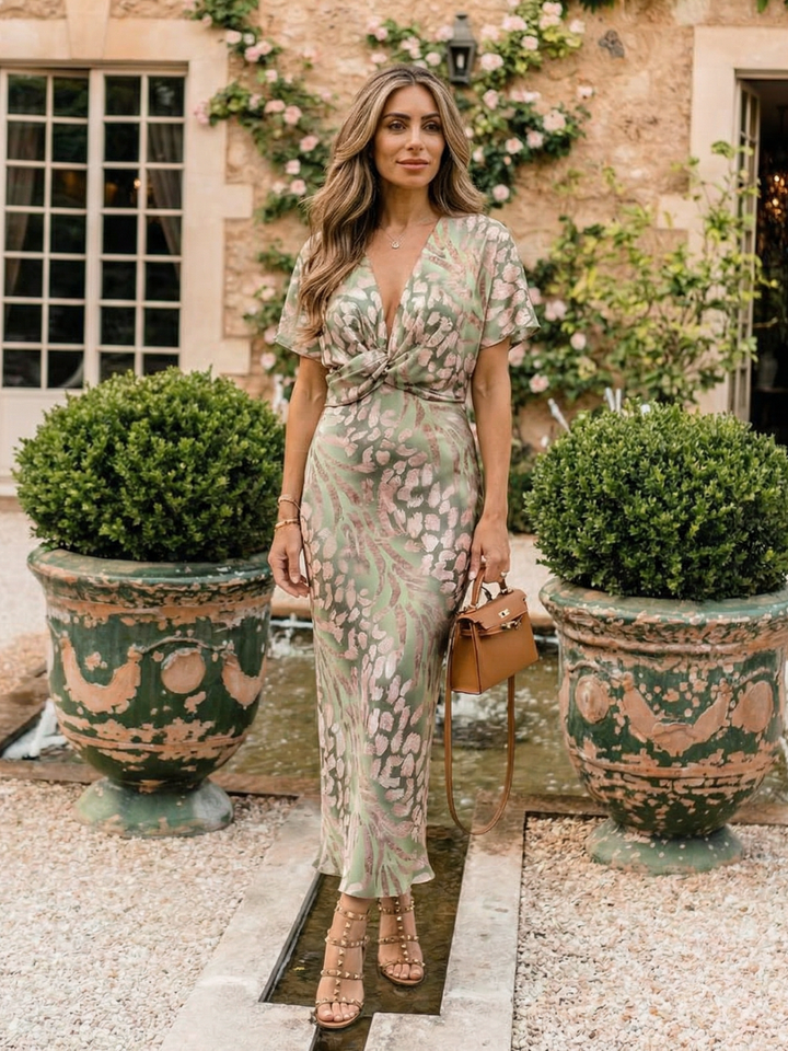 Coralie | Vestido Midi con Estampado Abstracto y Escote en V con Cintura Torcida