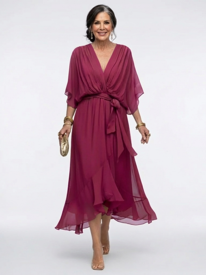 Elysia | Vestido Midi con Escote en V y Cintura Drapada