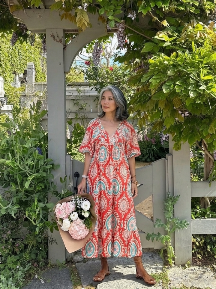 Zaria | Vestido midi de manga corta con escote en V y estampado paisley