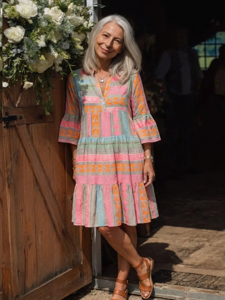 Maelle | Vestido de Longitud a la Rodilla con Estampado Geométrico y Escote en V