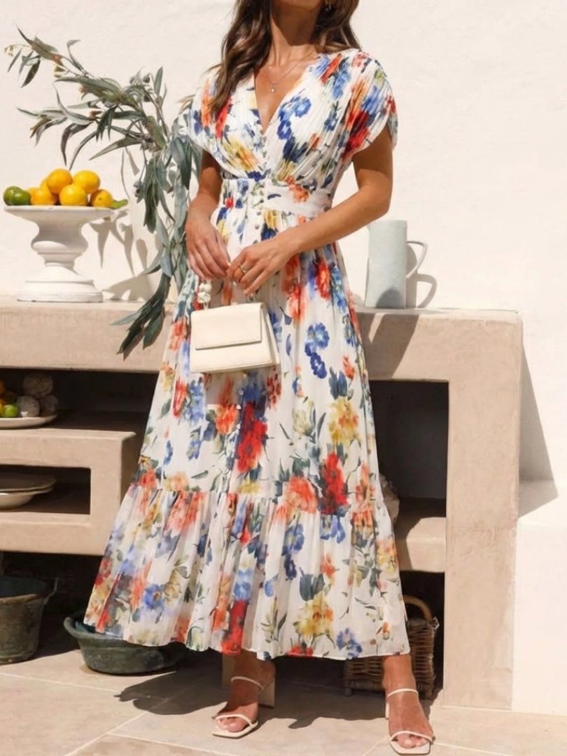Savannah | Vestido midi floral con mangas cortas y plisado