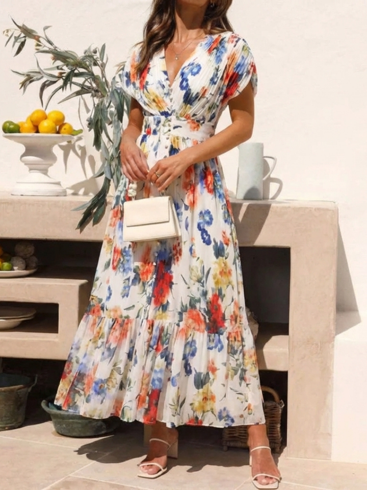 Savannah | Vestido midi floral con mangas cortas y plisado