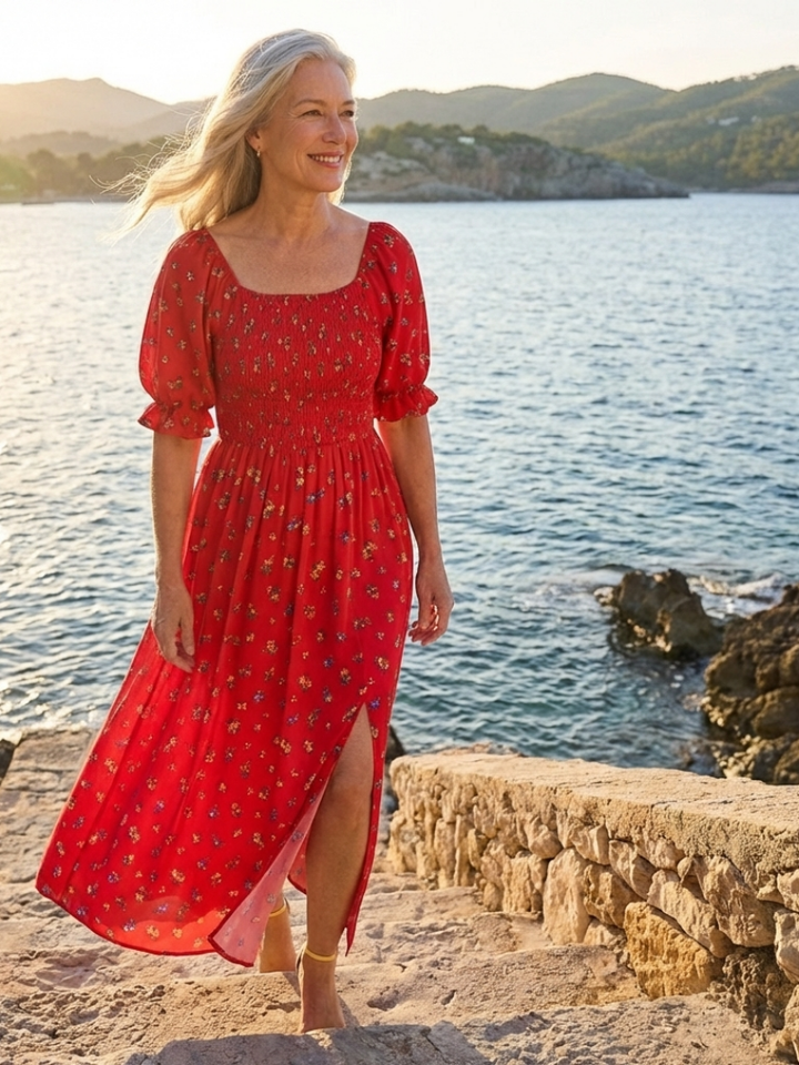 Delphine | Vestido Midi de Manga Abullonada con Cuello Cuadrado y Floral