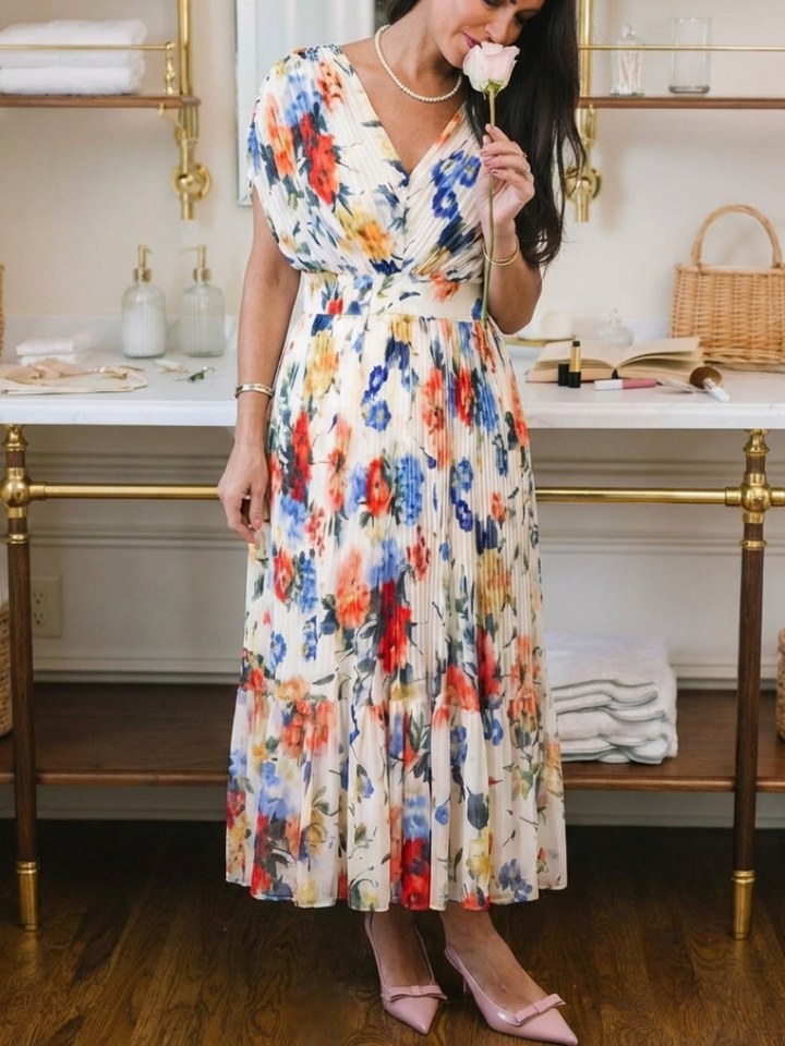 Savannah | Vestido midi floral con mangas cortas y plisado