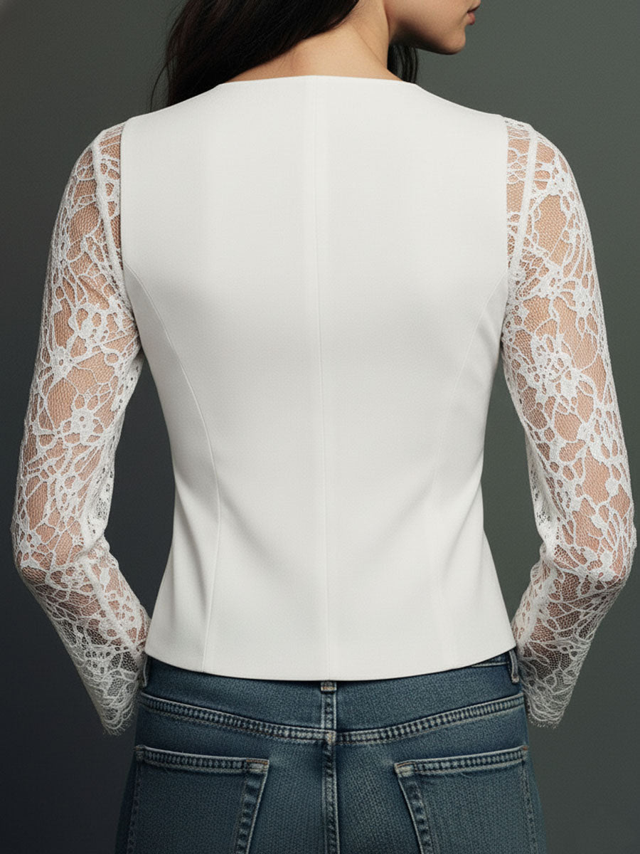 Elegante Blazer con Mangas de Panel de Encaje Negro
