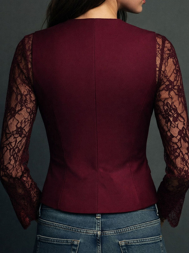 Elegante Blazer con Mangas de Panel de Encaje Negro