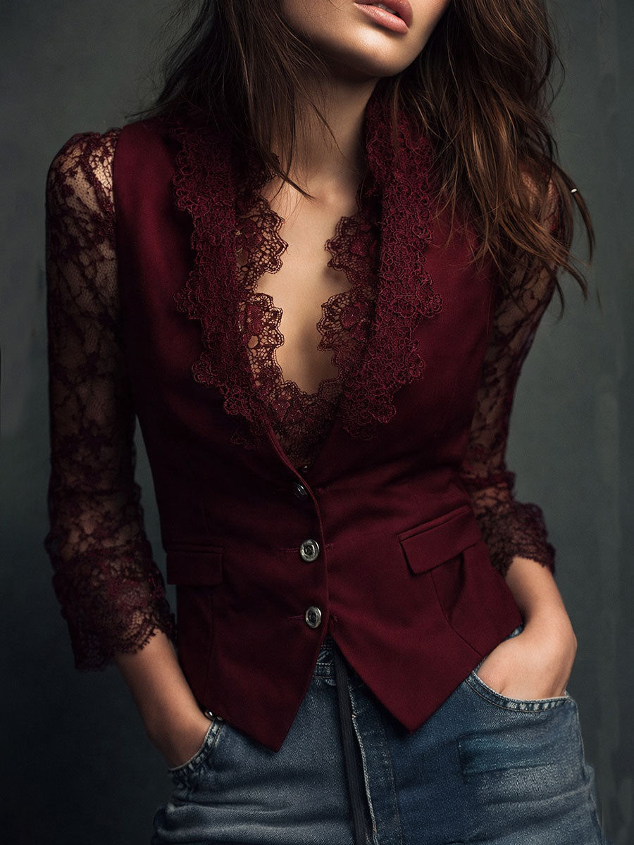 Elegante Blazer con Mangas de Panel de Encaje Negro
