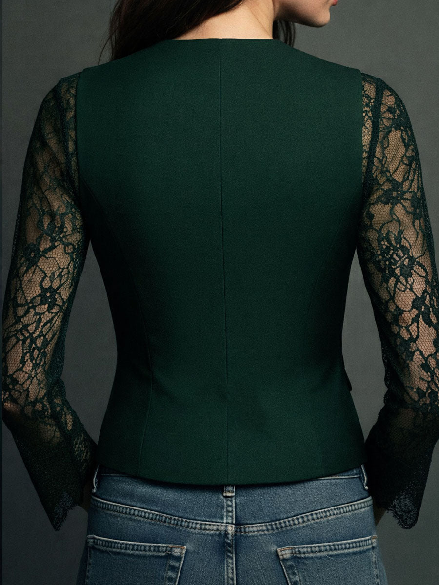 Elegante Blazer con Mangas de Panel de Encaje Negro