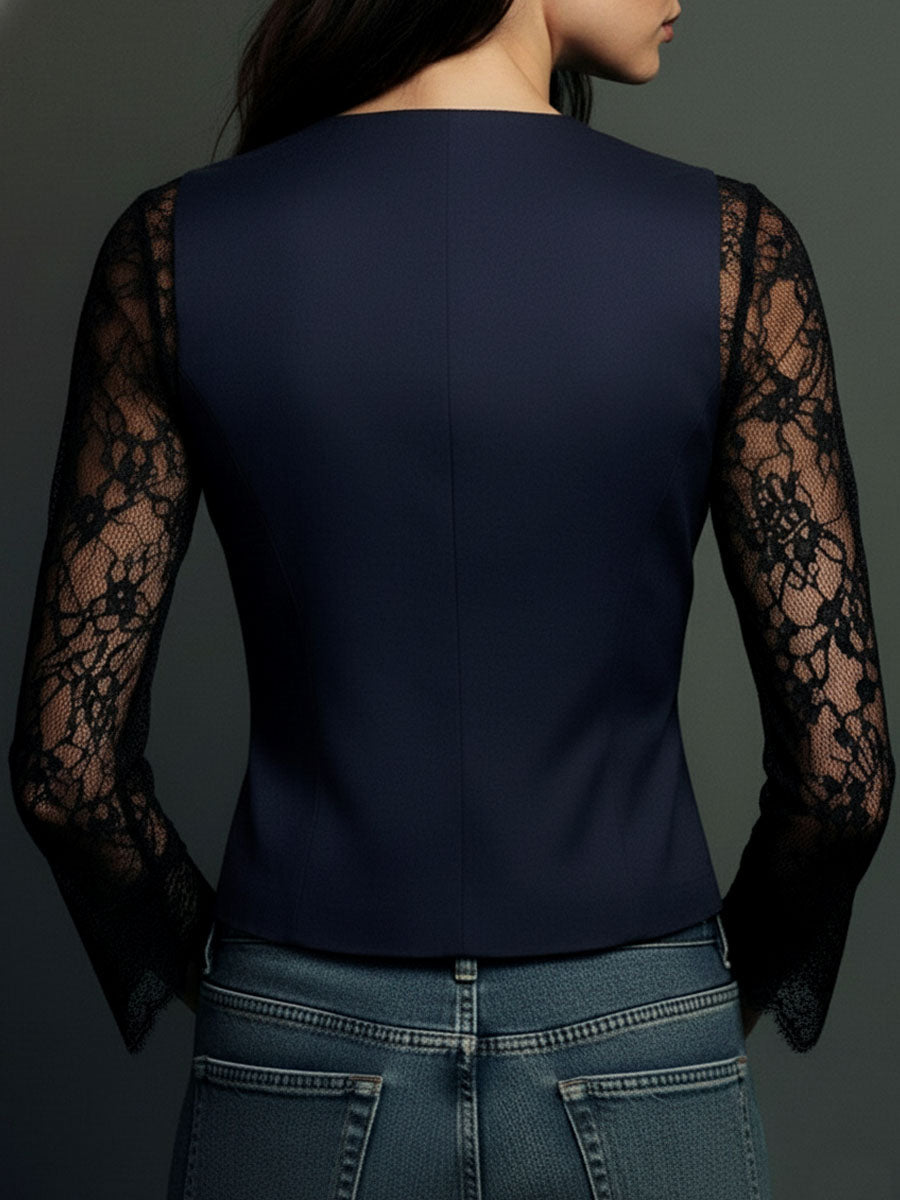 Elegante Blazer con Mangas de Panel de Encaje Negro